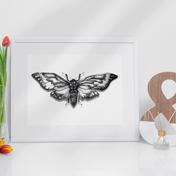 Watercolor Moth Wall Art Black And White Print Poster Unframed - Picture 6 of 6